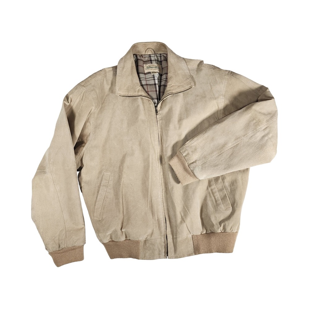 St Johns Bay Mens XL Tan Suede Bomber Jacket Plaid Lined Full Zip Ribbed Trim